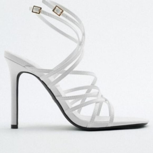Zara high heel leather sandals white crossed thin strap Buckles - Picture 1 of 4